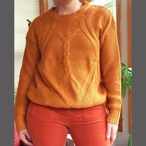 Rust Fringe Sleeve Cable Knit Sweater